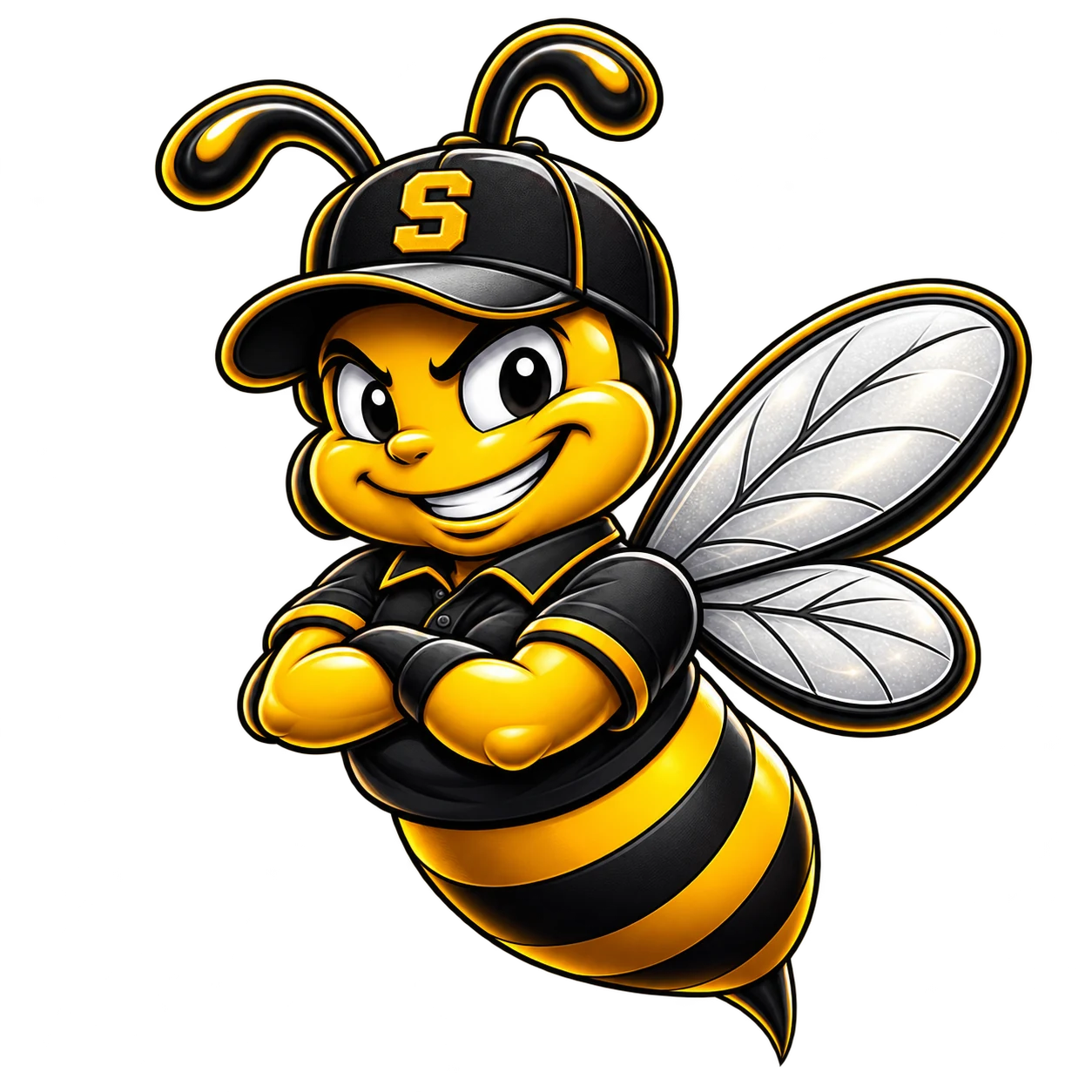 The Sandycroft bee mascot smiling with folded arms, wearing a black S cap and black polo shirt