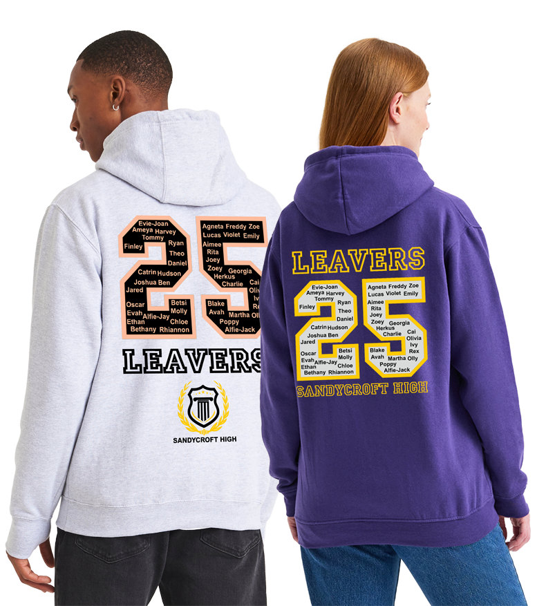 Two models wearing grey and purple personalised school leavers hoodies with names inside the year