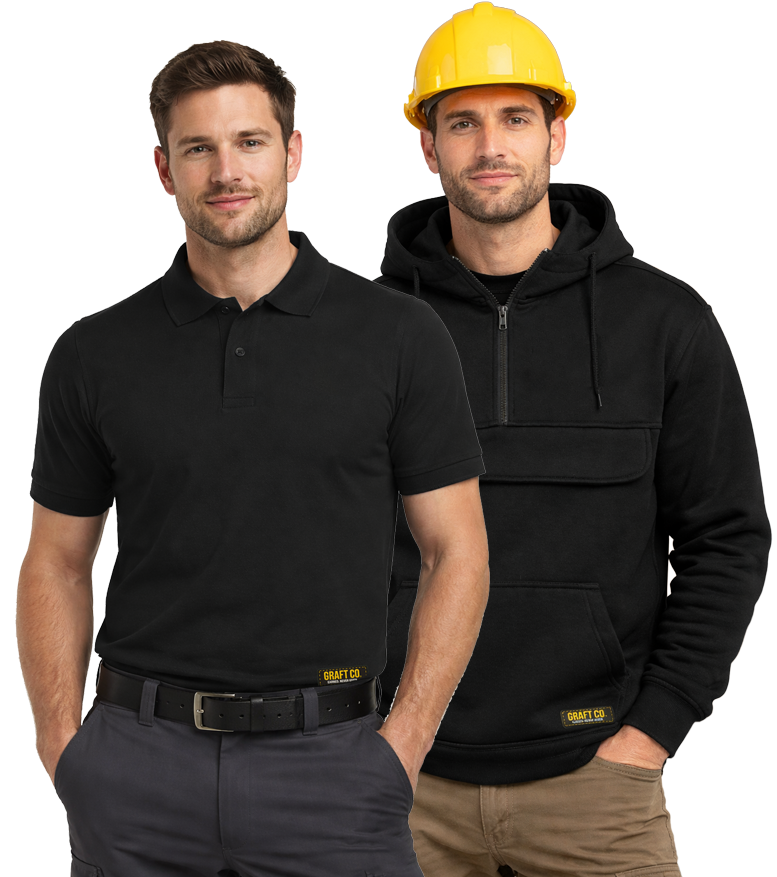 GRAFT CO polo and hoodie shown on two workwear models