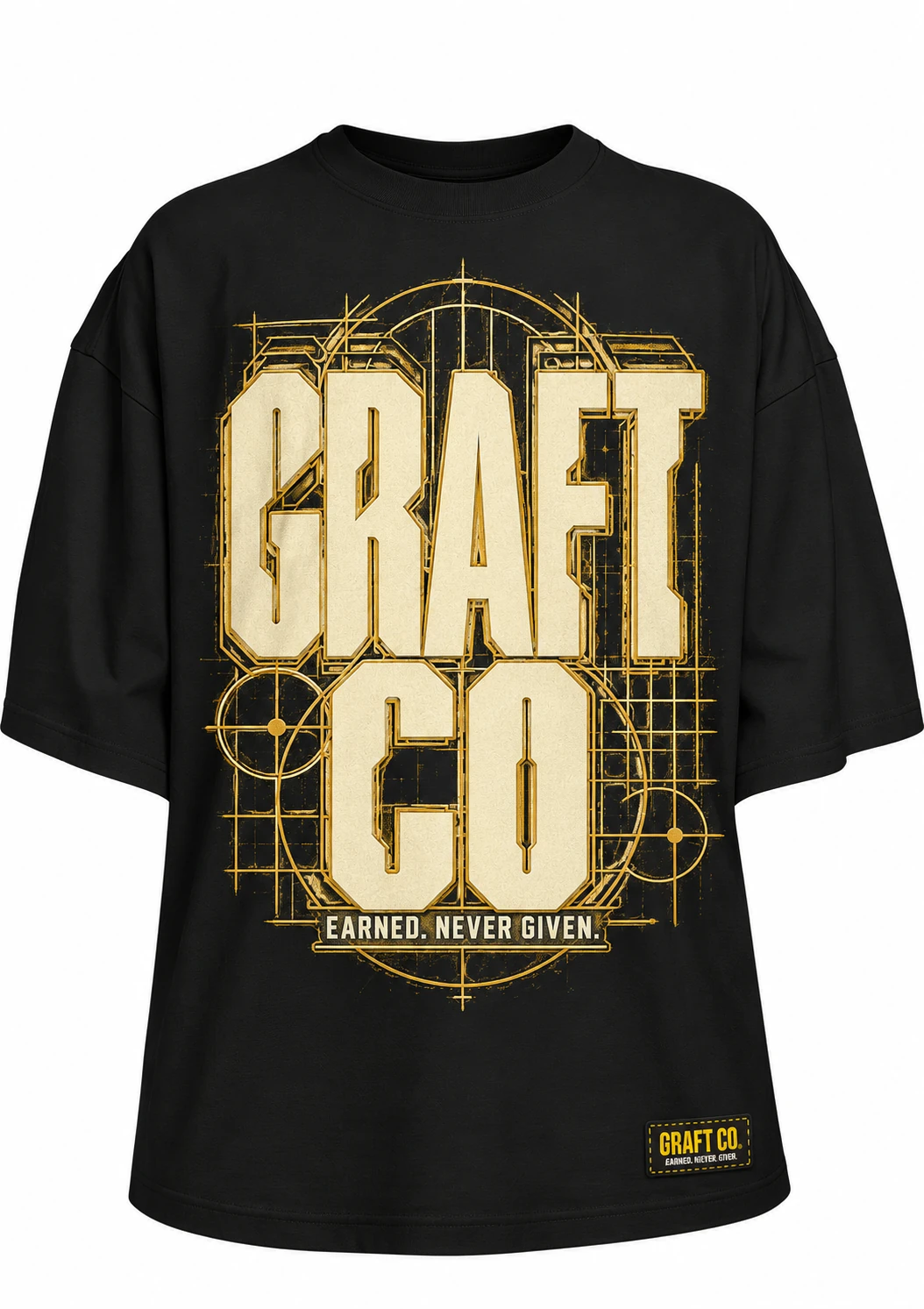 Blueprint graphic tee in black with the printed front design and GRAFT CO corner label
