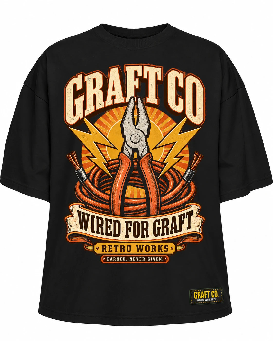 Wired For Graft · Electrician Retro Works tee in black with the printed front design and GRAFT CO corner label
