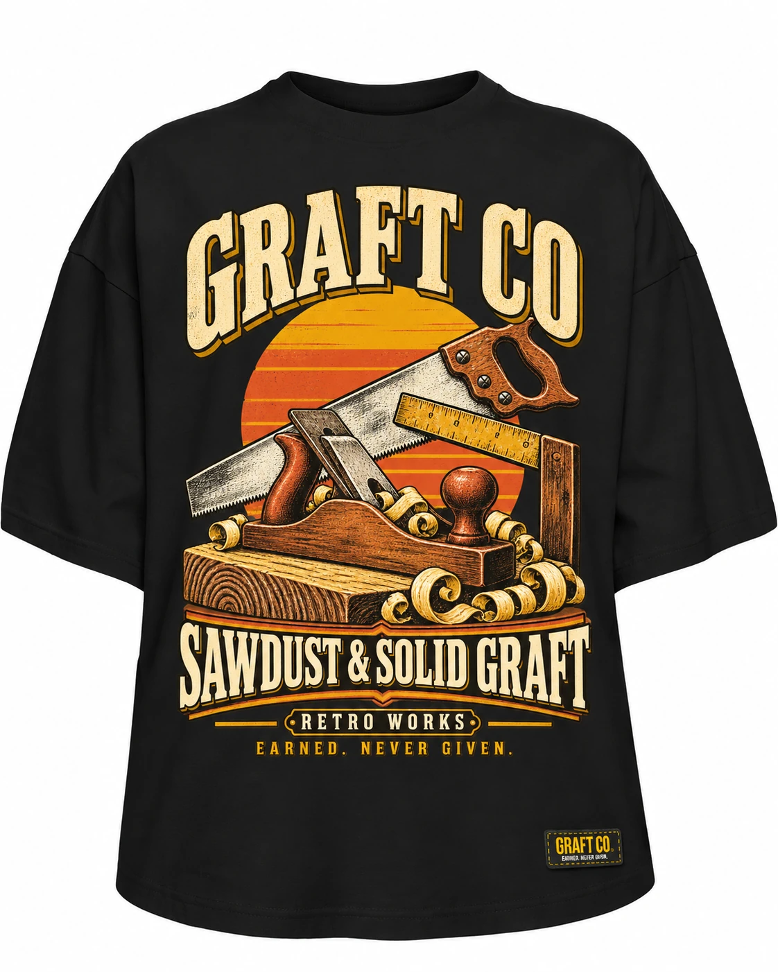 Sawdust & Solid Graft · Carpenter & joiner Retro Works tee in black with the printed front design and GRAFT CO corner label