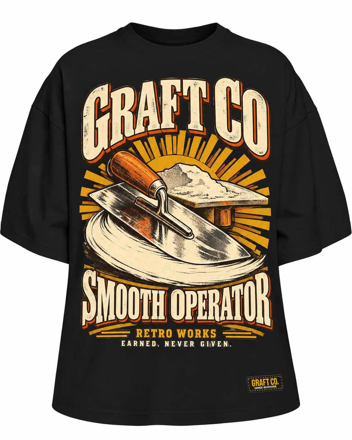 Smooth Operator · Plasterer Retro Works tee in black with the printed front design and GRAFT CO corner label