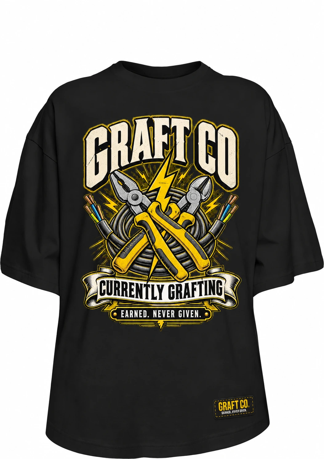 Currently Grafting · Electrician graphic tee in black with the printed front design and GRAFT CO corner label