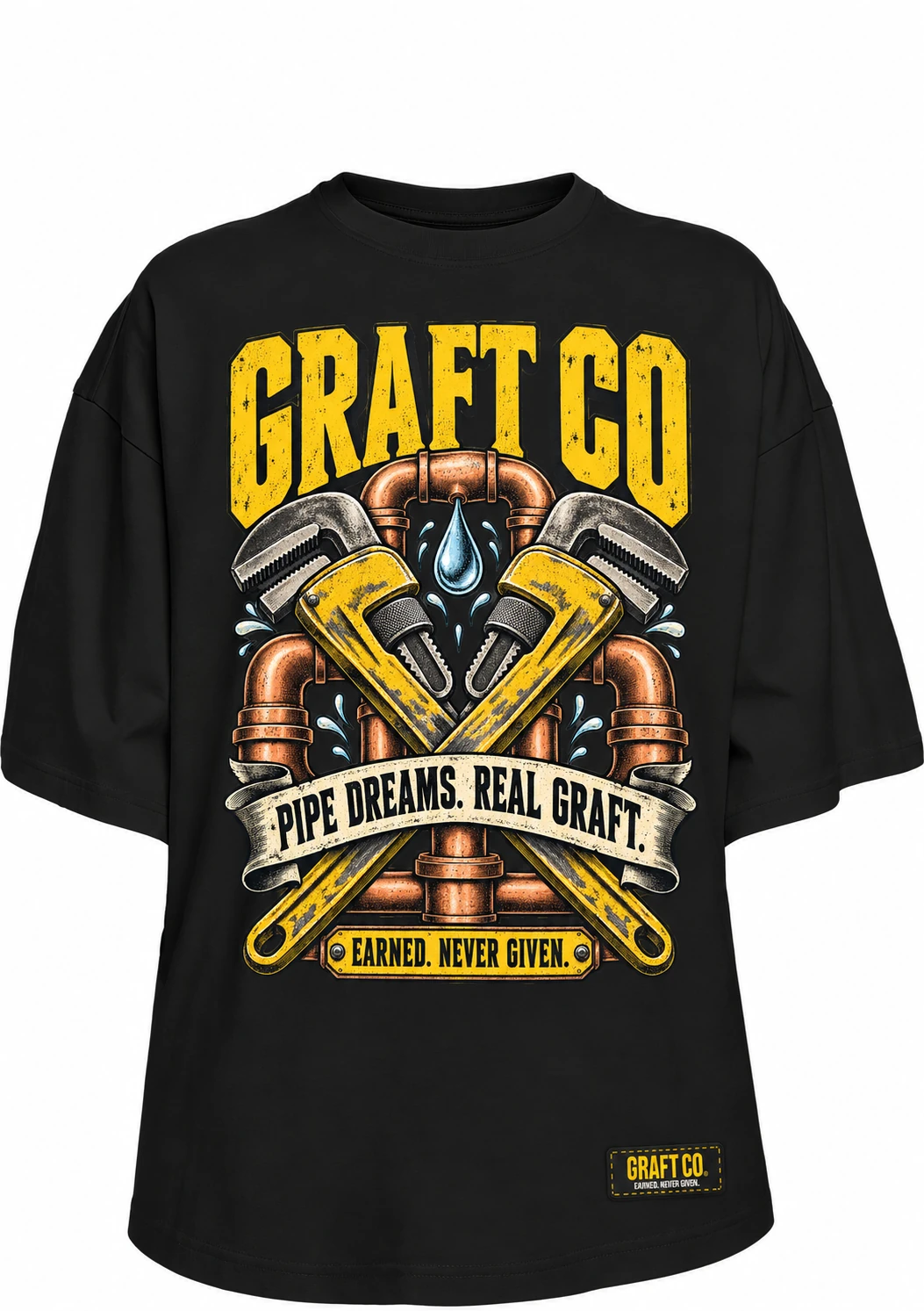 Pipe Dreams · Plumber graphic tee in black with the printed front design and GRAFT CO corner label