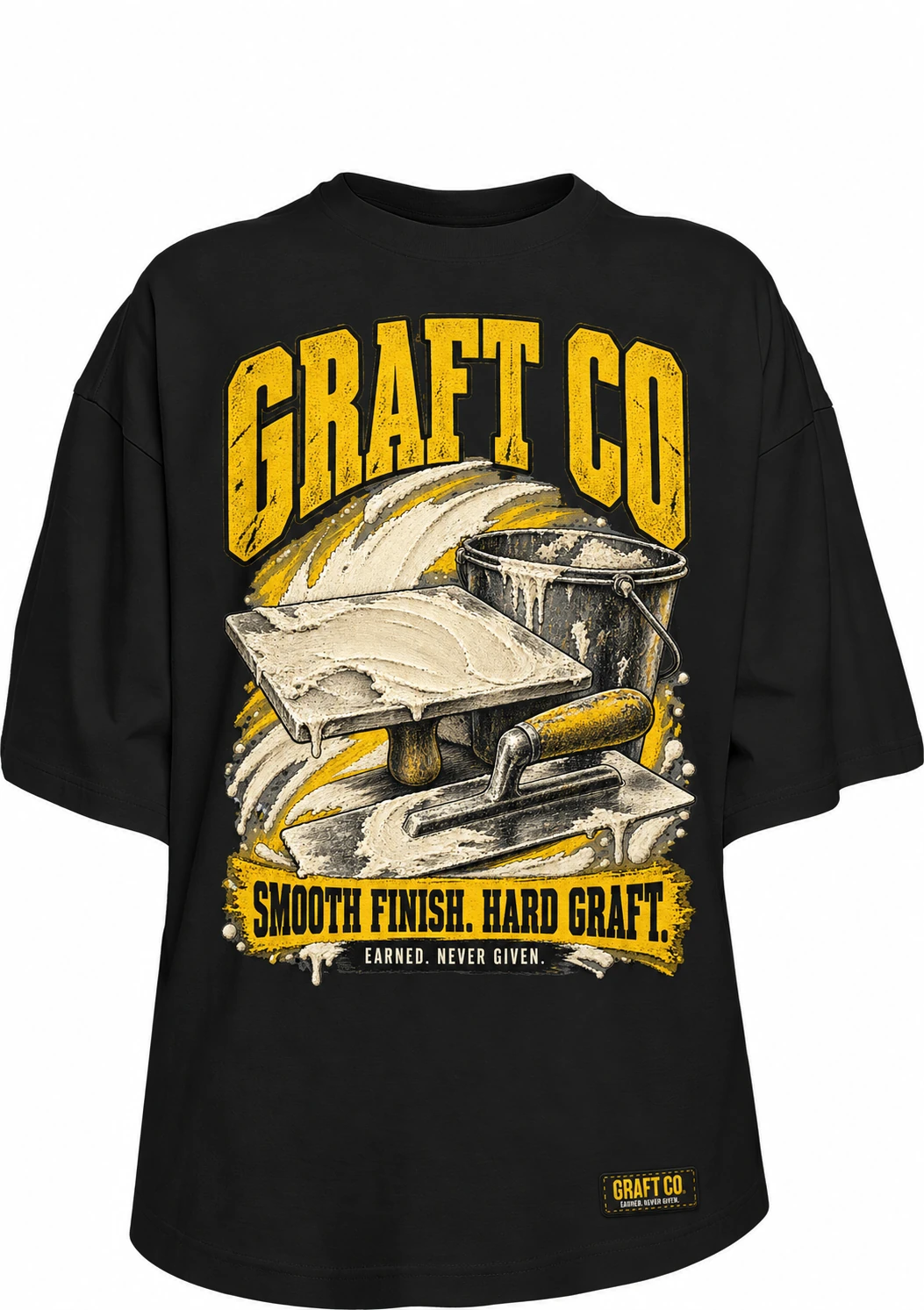 Smooth Finish · Plasterer graphic tee in black with the printed front design and GRAFT CO corner label