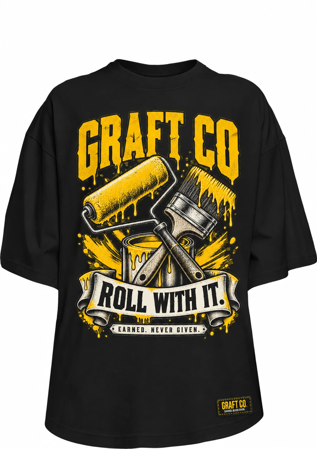 Roll With It · Painter & decorator graphic tee in black with the printed front design and GRAFT CO corner label