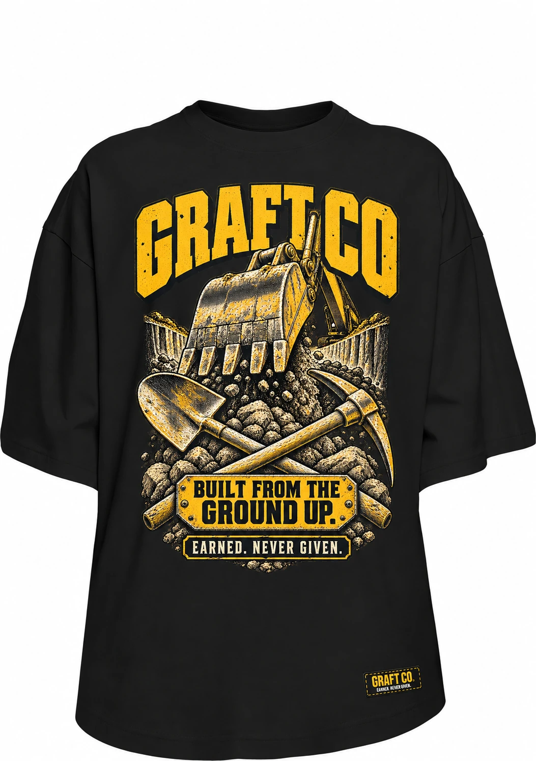 Ground Up · Groundworker graphic tee in black with the printed front design and GRAFT CO corner label