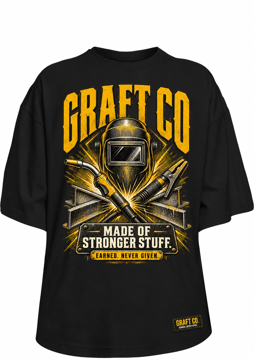 Stronger Stuff · Welder & fabricator graphic tee in black with the printed front design and GRAFT CO corner label