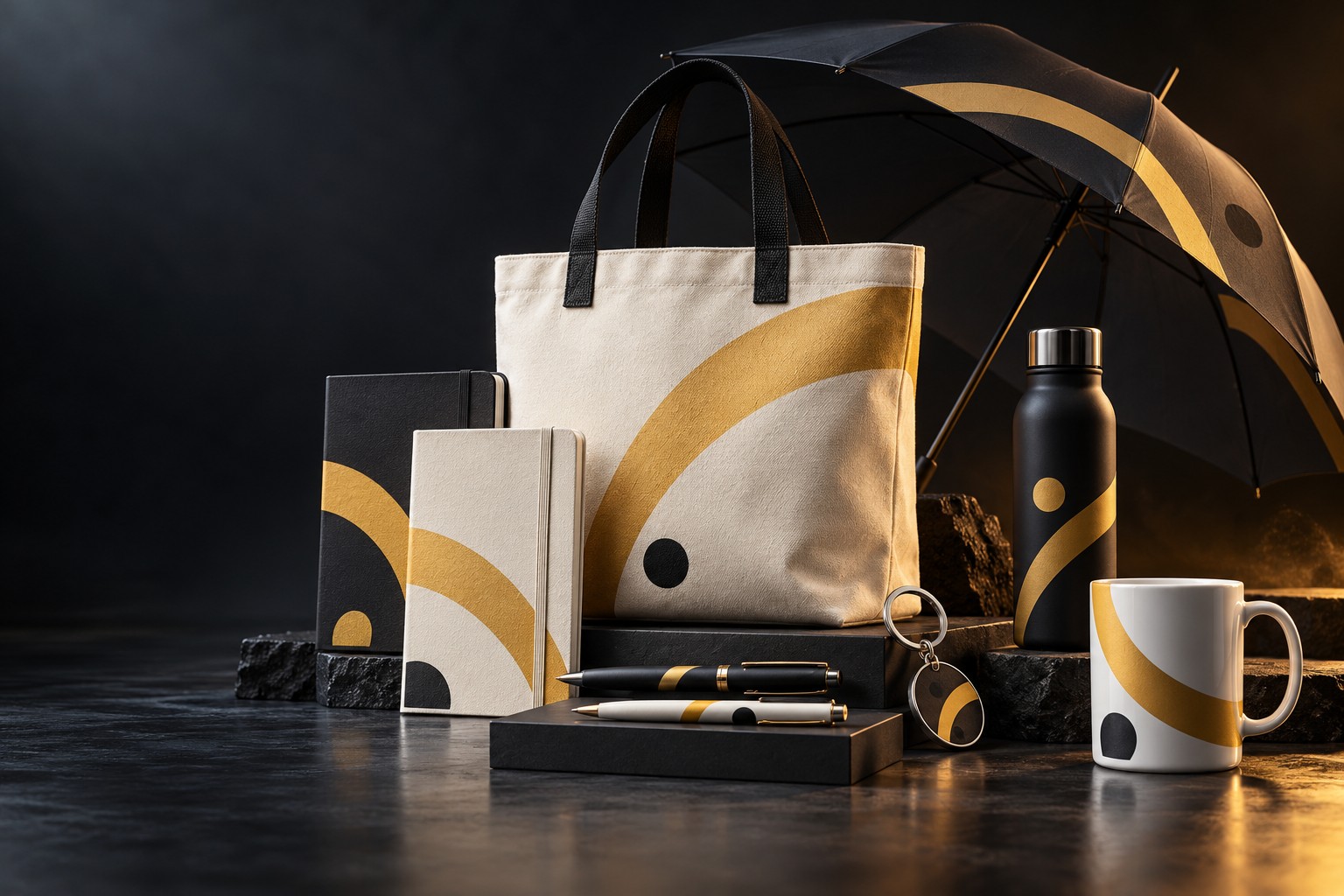 Illustrative branded merchandise including a tote bag, notebooks, pens, umbrella, bottle and mug in a cinematic dark studio
