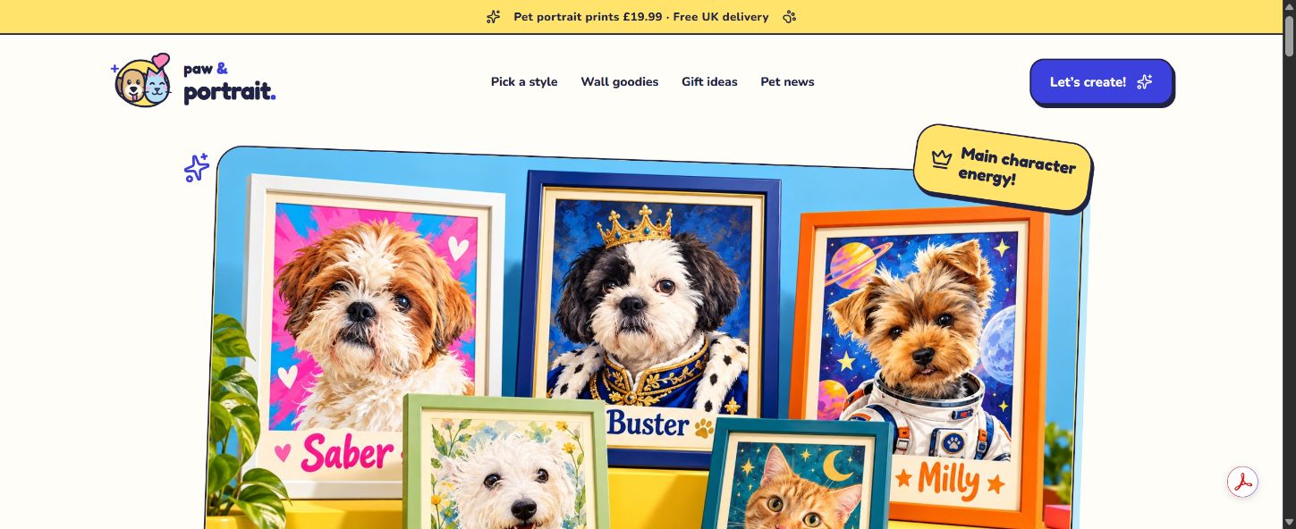 Paw & Portrait personalised pet portrait website design preview